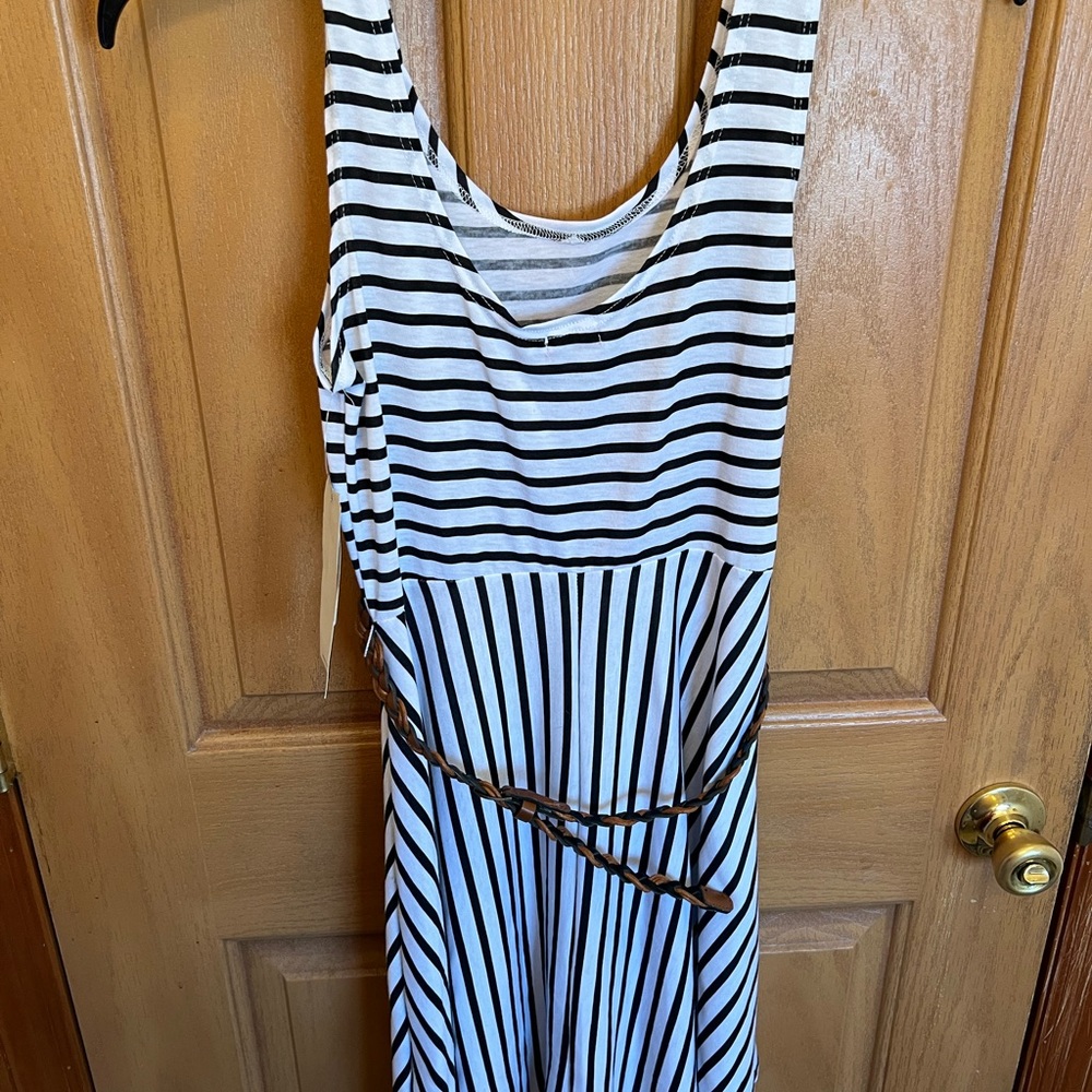 Ruby Rox Black & White Striped Maxi Dress with Braided Belt